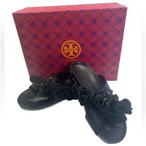 Tory Burch Black Leather Blossom Sandal Floral Slides Shoes Size7.5